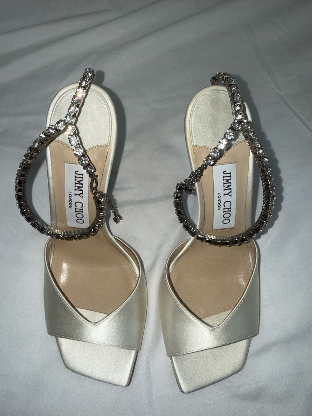 Jimmy Choo Saeda 100 Ivory Satin Crystal Ankle-Strap Sandals - Picture 8 of 10